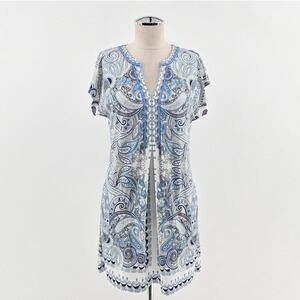Hale Bob Womens Jada Jersey‎ Beaded Dress Size XS Blue White Paisley Bohemian